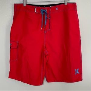 Hurley Mens Red Light Blue Pocket Boardshorts Swim Trunks Size 36
